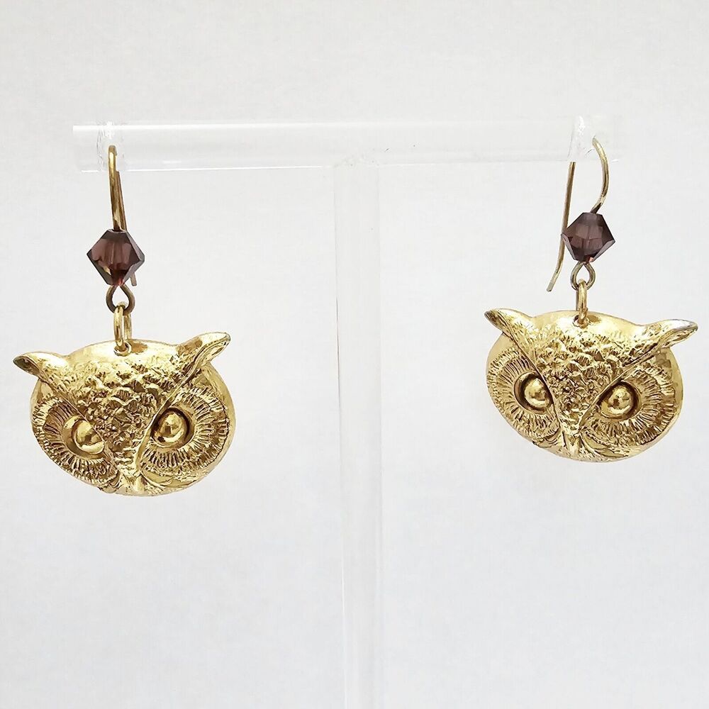 Tarina Tarantino Gold Tone Owl Red Brown Maroon Burgundy Faceted Bed Dangle...